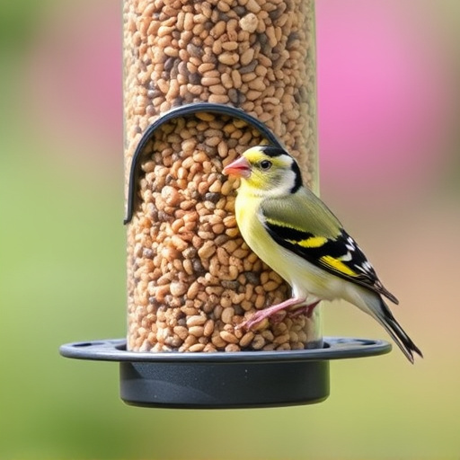 Goldfinch eating from tube seed feeder