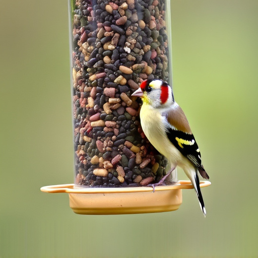 Goldfinch eating from tube seed feeder