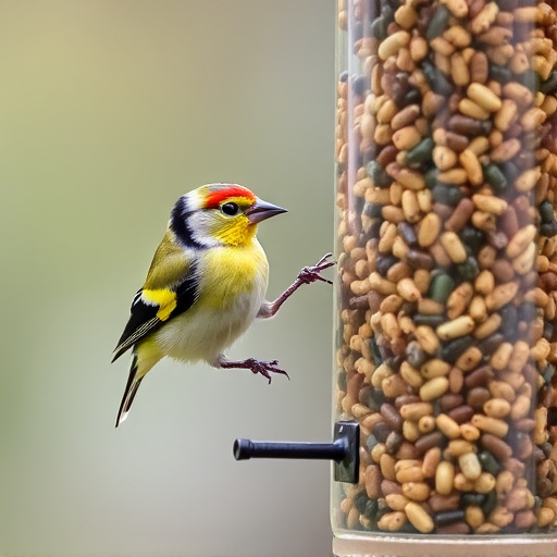Goldfinch eating from tube seed feeder