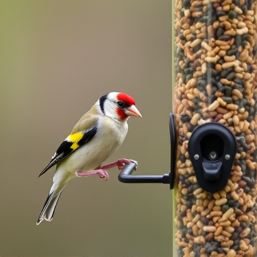 Goldfinch eating from tube seed feeder