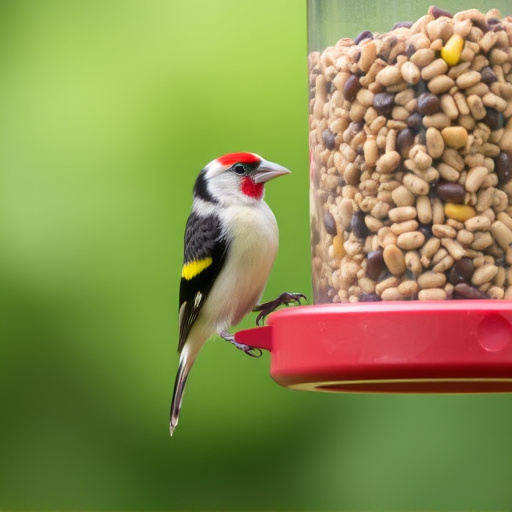 Goldfinch eating from tube seed feeder