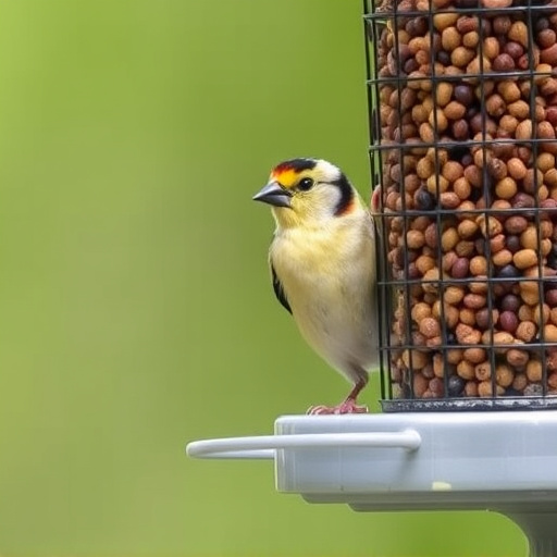 Goldfinch eating from tube seed feeder
