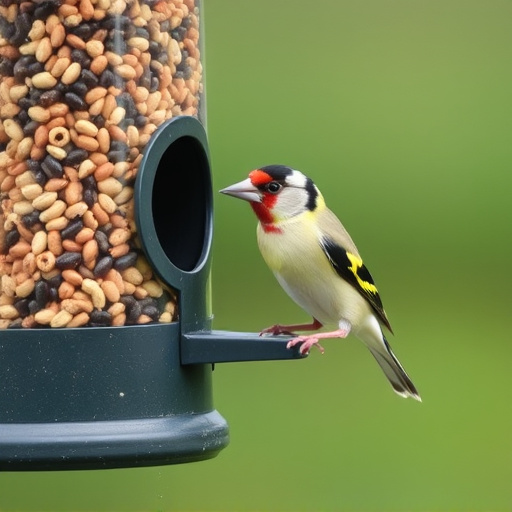 Goldfinch eating from tube seed feeder
