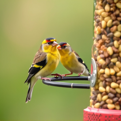 Goldfinch eating sunflower hearts from feeder