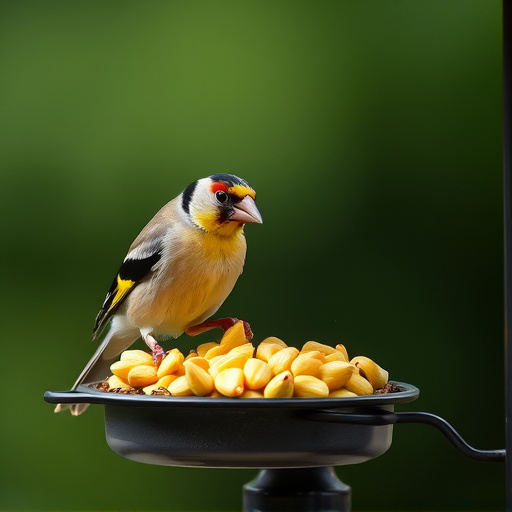 Goldfinch eating sunflower hearts from feeder