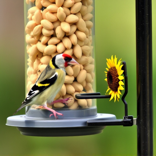 Goldfinch eating sunflower hearts from feeder