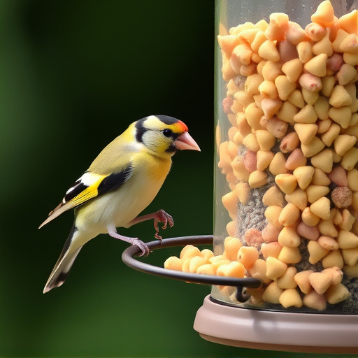 Goldfinch eating sunflower hearts from feeder