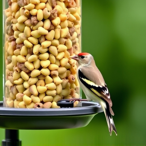 Goldfinch eating sunflower hearts from feeder