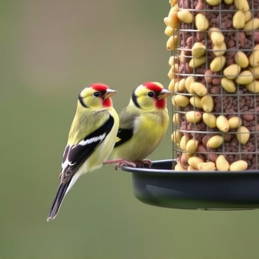 Goldfinch eating sunflower hearts from feeder