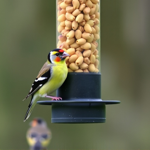 Goldfinch eating sunflower hearts from feeder