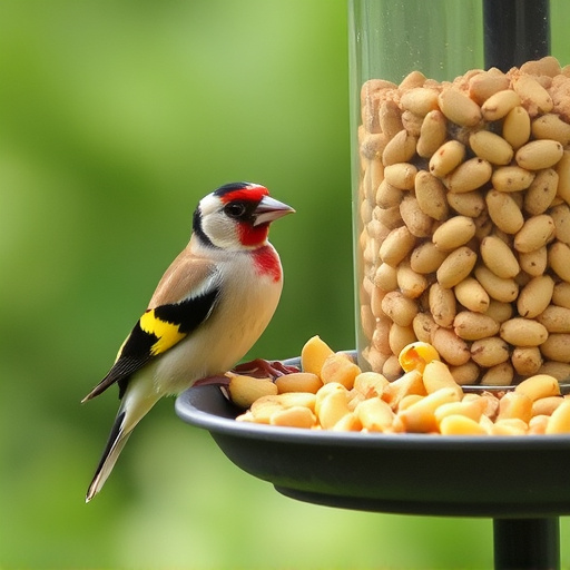 Goldfinch eating sunflower hearts from feeder