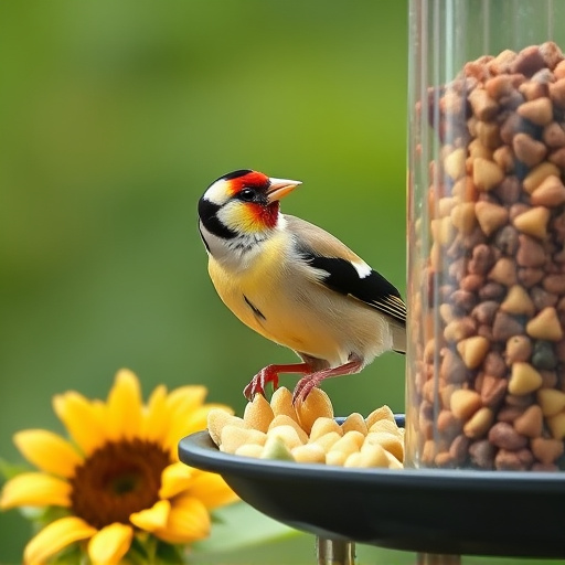 Goldfinch eating sunflower hearts from feeder