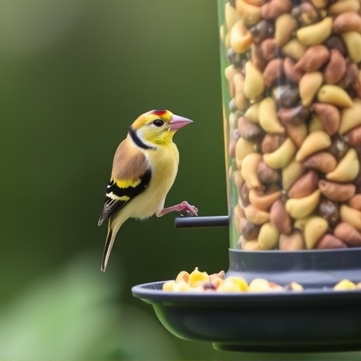 Goldfinch eating sunflower hearts from feeder