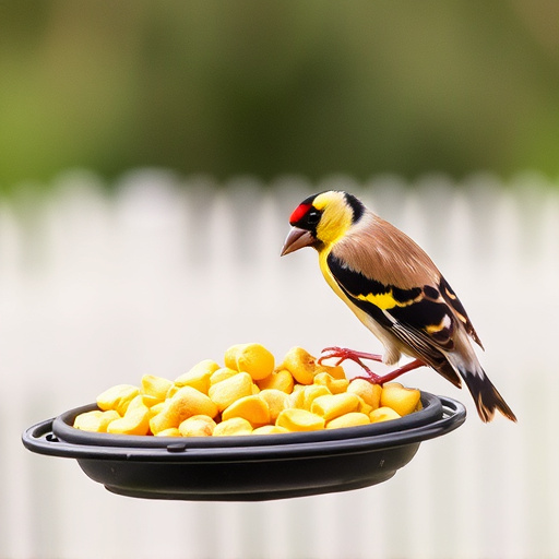 Goldfinch eating sunflower hearts from feeder