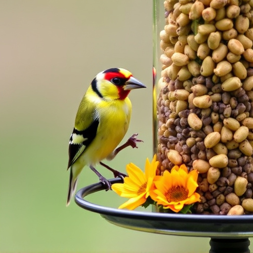 Goldfinch eating sunflower hearts from feeder