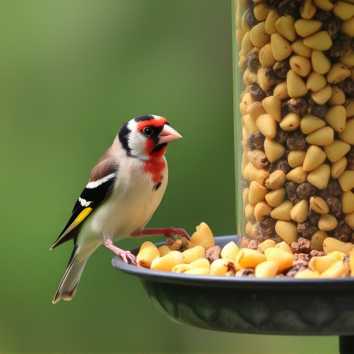 Goldfinch eating sunflower hearts from feeder