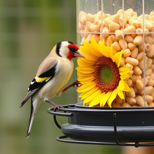 Goldfinch eating sunflower hearts from feeder