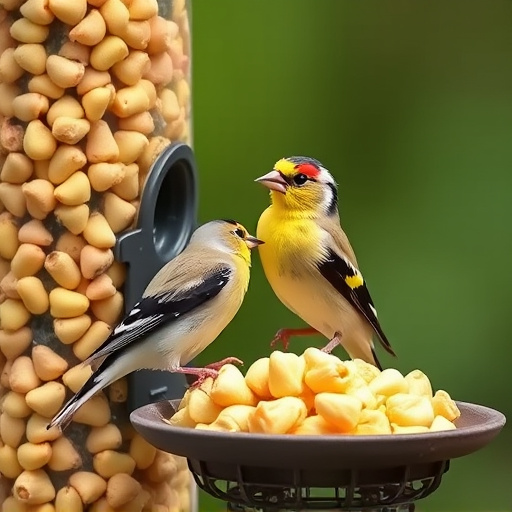 Goldfinch eating sunflower hearts from feeder