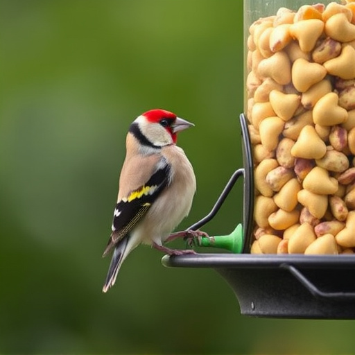 Goldfinch eating sunflower hearts from feeder
