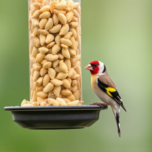 Goldfinch eating sunflower hearts from feeder