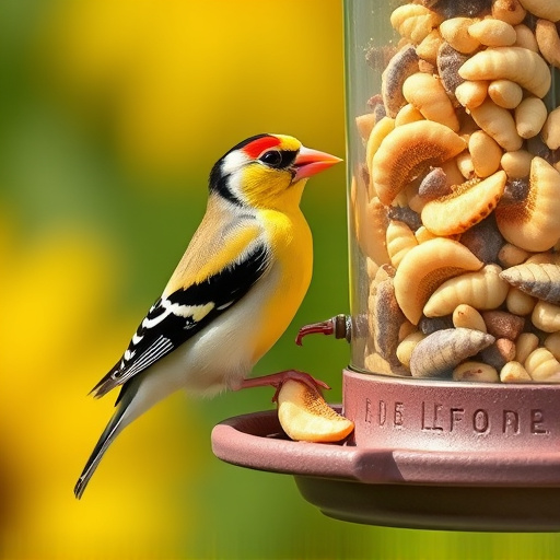 Goldfinch eating sunflower hearts from feeder
