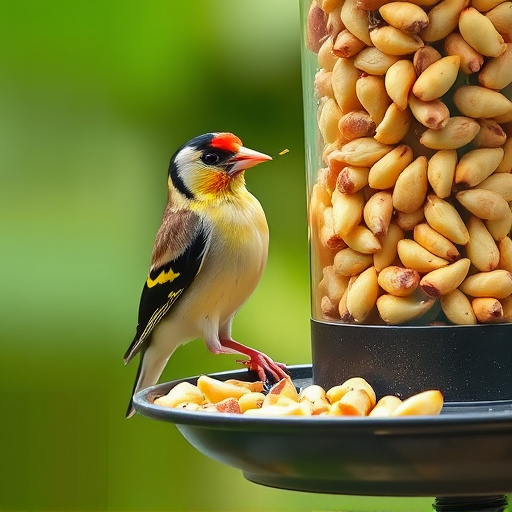 Goldfinch eating sunflower hearts from feeder