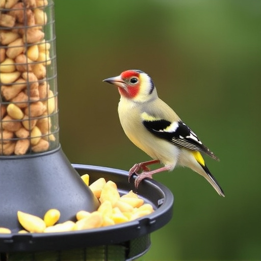 Goldfinch eating sunflower hearts from feeder