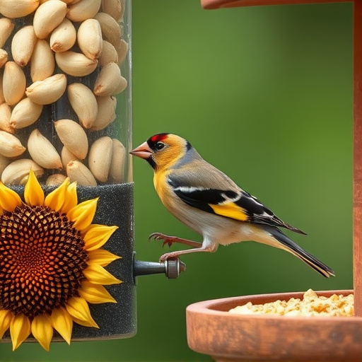 Goldfinch eating sunflower hearts from feeder