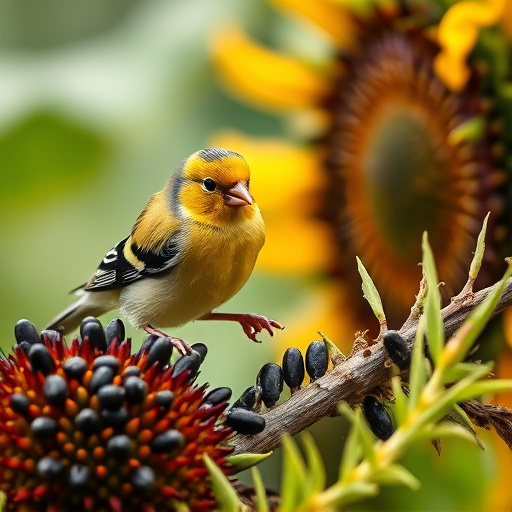 Goldfinch feeding on black sunflower seeds