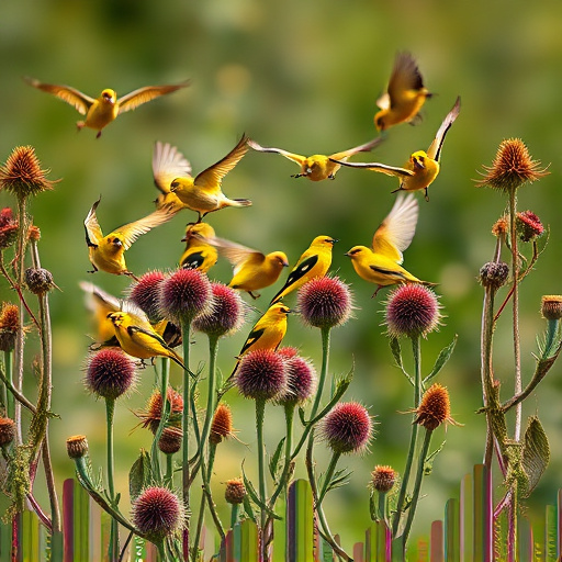Goldfinch flock among thistle plants