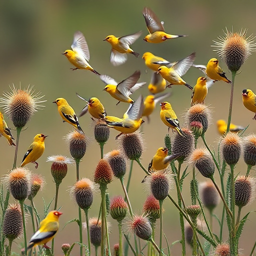 Goldfinch flock among thistle plants