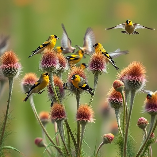 Goldfinch flock among thistle plants