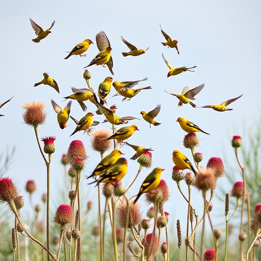Goldfinch flock among thistle plants
