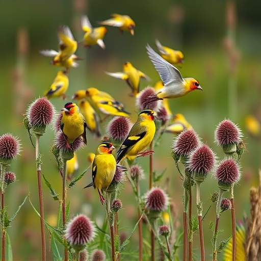 Goldfinch flock among thistle plants