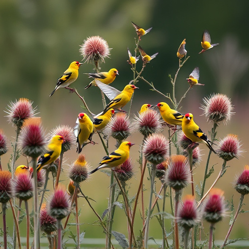 Goldfinch flock among thistle plants
