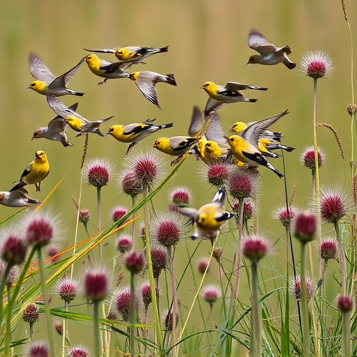 Goldfinch flock among thistle plants