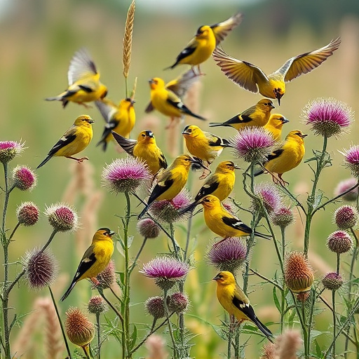 Goldfinch flock among thistle plants