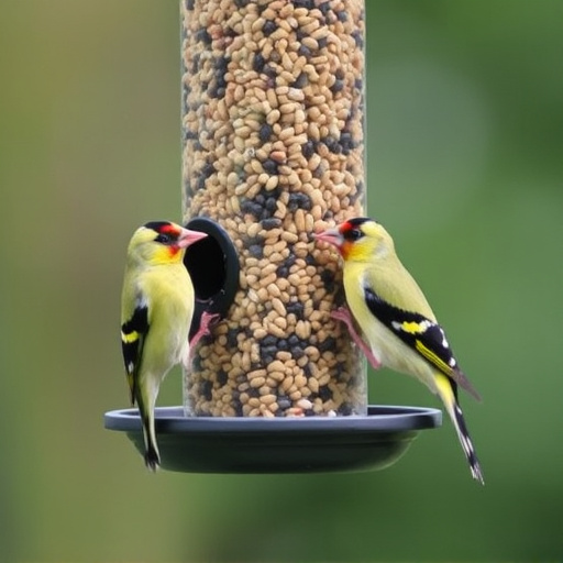 Goldfinches feeding on niger seed feeder