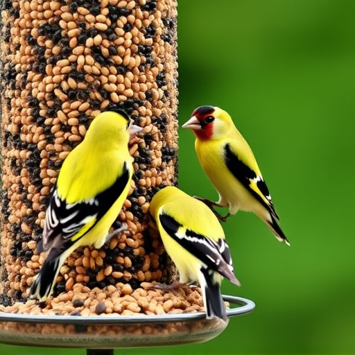 Goldfinches feeding on niger seed feeder