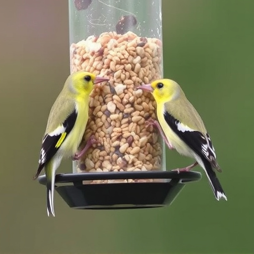 Goldfinches feeding on niger seed feeder