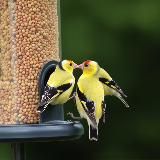 Goldfinches feeding on niger seed feeder