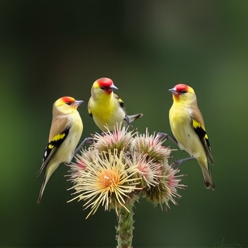 Goldfinches on thistle seed feeder
