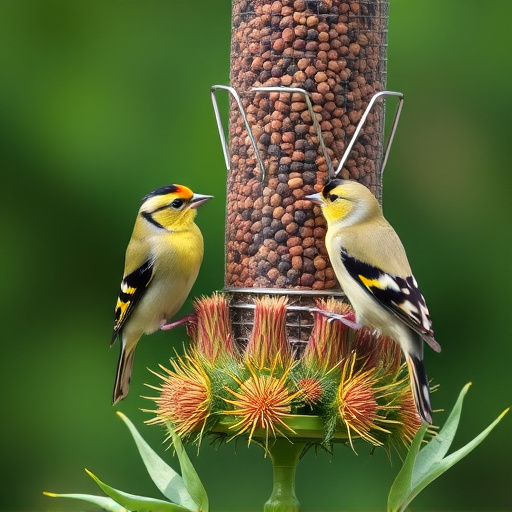Goldfinches on thistle seed feeder