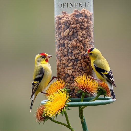 Goldfinches on thistle seed feeder