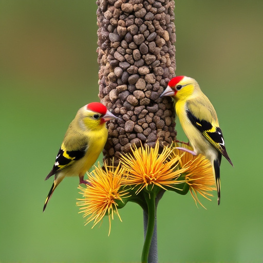 Goldfinches on thistle seed feeder