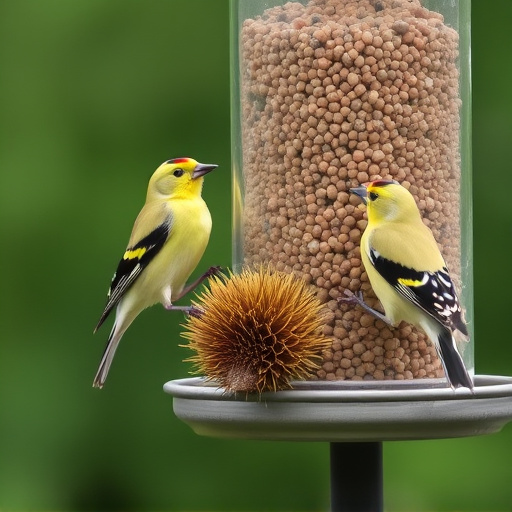 Goldfinches on thistle seed feeder