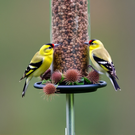 Goldfinches on thistle seed feeder