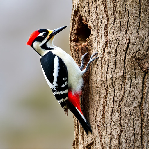 Great spotted woodpecker on tree trunk