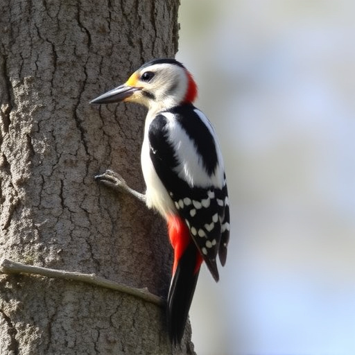 Great spotted woodpecker on tree trunk