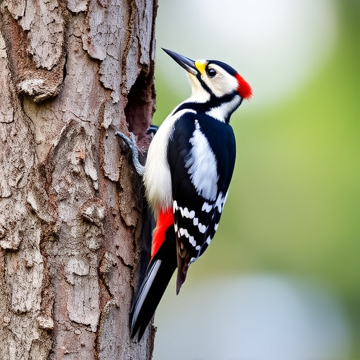 Great spotted woodpecker on tree trunk